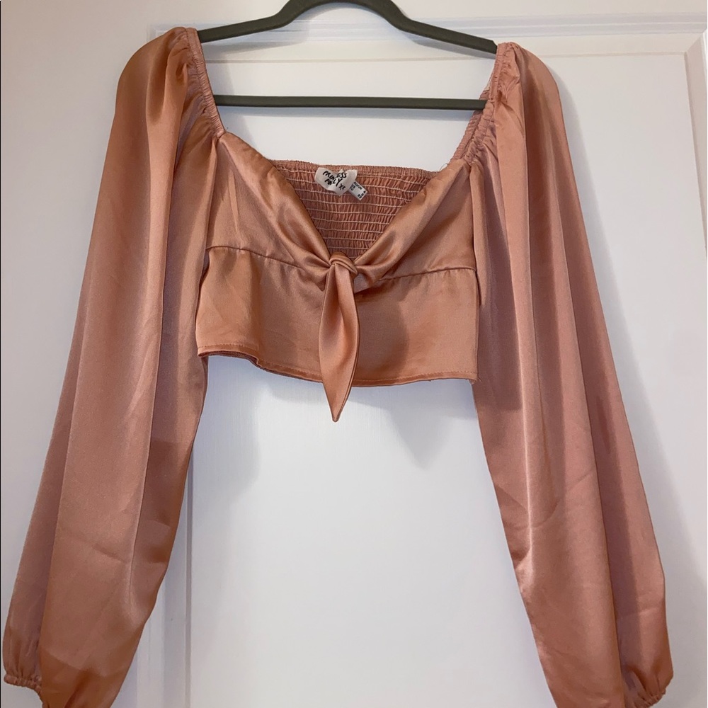 PRINCESS POLLY SILK BOW TIE CROPPED LONG SLEEVE BLOUSE